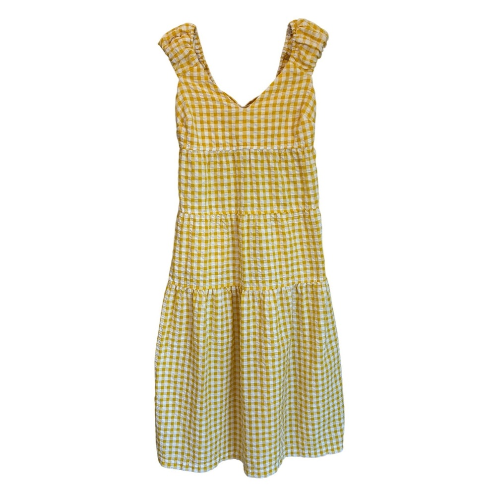 Old Navy Wmns XS Yellow Gingham Tiered Midi Dress Ruffle Tie Back Smocked V-Neck